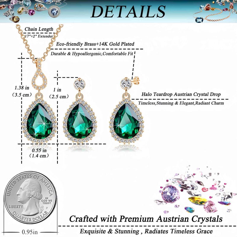 EVEVIC Austrian Crystals Teardrop Pendant Necklace Earrings for Women 14K Gold Plated Hypoallergenic Jewelry Set (Green) - Image 4